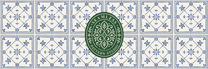 Fototapeta na wymiar Seamless Mediterranean tile vector pattern with blue floral ornaments. Traditional ceramic design inspired by Portuguese, Spanish and coastal decor. Illustratons for background, fabric, packaging