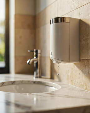 Premium touchless automatic soap dispenser installed on a tiled wall above a marble sink featuring a chrome faucet in a high-end commercial restroom