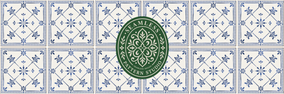 Seamless Mediterranean tile vector pattern with blue floral ornaments. Traditional ceramic design inspired by Portuguese, Spanish and coastal decor. Illustratons  for background, fabric, packaging