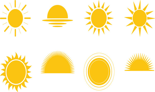 Sun icons set, yellow vector symbols of sunrise, sunset and summer sunshine on white background