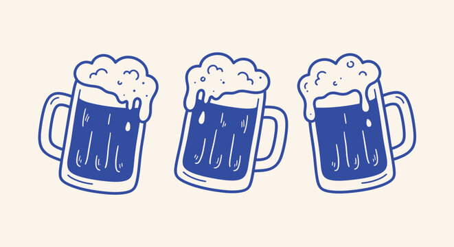 Three handdrawn beer mugs with foam