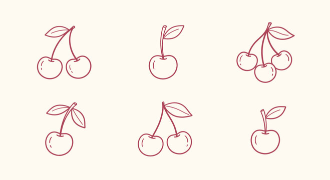 Set of handdrawn cherry icons in various configurations