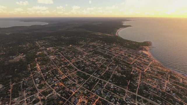 Sunset aerial drone view of Punta del Diablo in Rocha Department. Uruguay