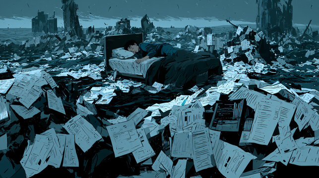 Bed Floating Stormy Ocean Emails Charts Work-Life Metaphor
