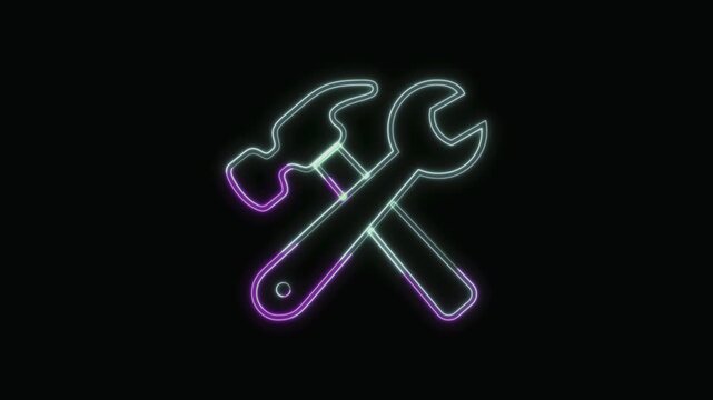  Hammer and Wrench Icon Neon Seamless Loop 4K with Black Background Animated Promotional Typography for Video Editing