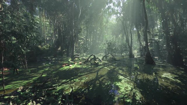 Sunlit rainforest floor with moss, ferns and fallen logs under soft rays piercing canopy misty atmospheric glow, damp leaf litter, scattered roots and shaded
