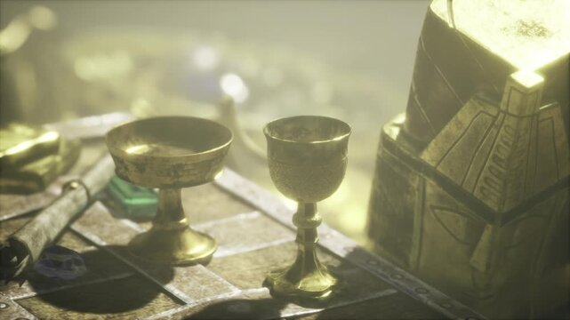 Ceremonial chalices and ornate boxes arranged on carved board, bronze and silver goblets catching soft diffused light, hazy atmosphere with reflective