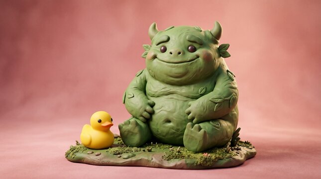 Cute green clay swamp monster with a rubber duck
