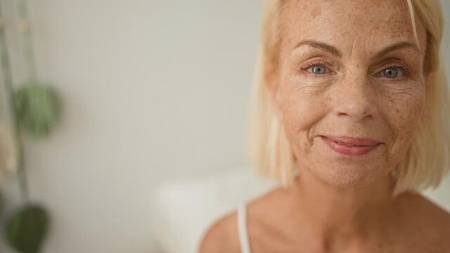 Woman smiling face with exposed shoulder and freckles seated on bed in studio, soft pillow and plant visible; serenity maturity confidence.