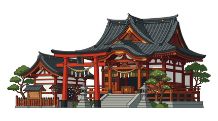 Obraz premium Traditional Japanese Shinto Shrine Architecture Illustration