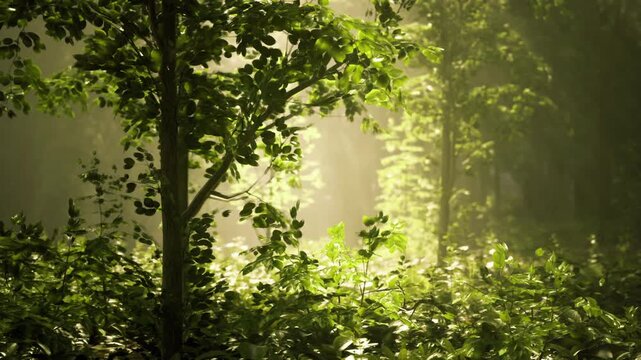 Golden Belgian beechwood sunbeams illuminating dappled leaves and trunks warm glow creates lensfriendly contrast, textured bark, scattered light pockets