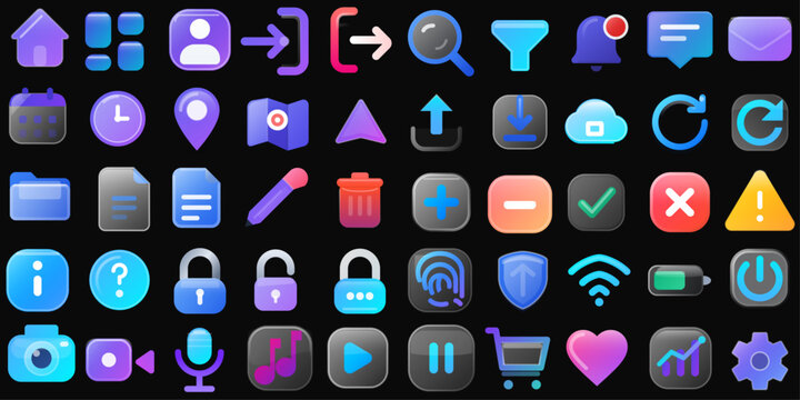 3D Glossy UI Icon Set &ndash; Modern Glassmorphism User Interface Elements, App, Web, Technology, Social Media and Digital Design
