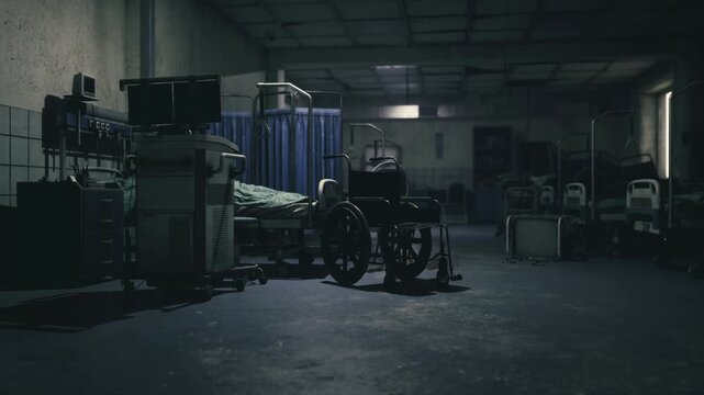 Dark emergency bay with scattered equipment and empty chairs, monitors offline, cluttered floors and dim overhead lights, abandoned shift atmosphere