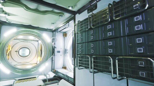 Emergency access space station corridor with ladders and exit hatch, visible signage and alarm hardware, clear route and equipment racks for rapid crew egress