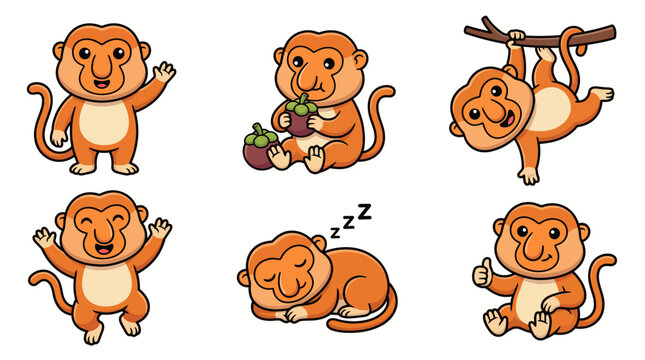 Cute proboscis monkey character set with different poses including eating fruit, sleeping, hanging and waving
