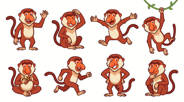Cartoon Proboscis Monkey Vector Illustration Set in Various Poses and Actions