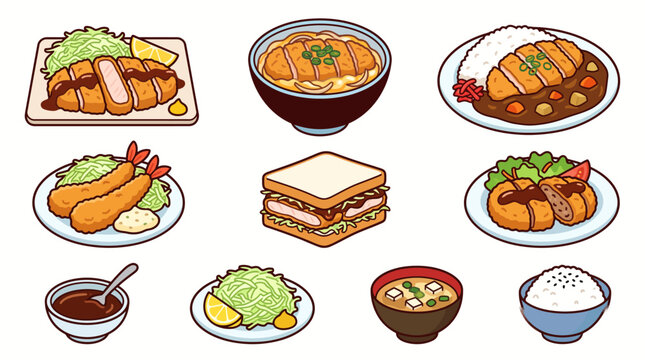 Set of cartoon Japanese katsu dishes including tonkatsu curry rice bowl cutlet sandwich ebi fry and side dishes
