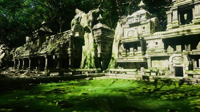 Overgrown temple facade with emerald foreground, moss carpets and creeping vines create secluded grotto impression, humidity haze and contemplative decay mood
