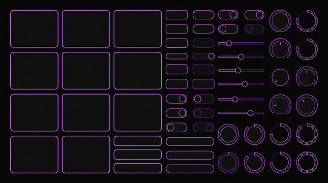 Comprehensive Purple Neon Dark Mode UI Component Library with Radial Progress Charts, Sliders, and Controls