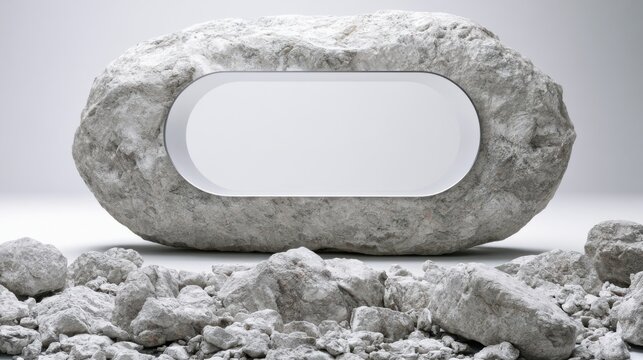 Massive stone oval frame on rubble, monochrome studio background, smooth carved aperture revealing negative space, scattered broken rocks, highkey lighting, tactile surface detail, minimalist