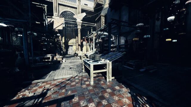 Dark alley market with empty table, long dramatic shadows, patterned rug underfoot, narrow cobbled passage, distant archway lit by soft morning glow, stacked