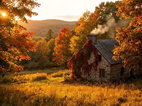 Cozy stone cottage nestled in an autumn landscape during a golden sunset with a sunlit meadow and vibrant fall foliage during the beautiful fall season