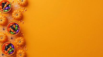 Fototapeta premium Halloween candy bowls, pumpkins and black spiders on spiderwebs arranged along the left border on an orange background, creating a spooky festive frame with generous clean copy space