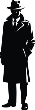 Mysterious detective silhouette in trench coat and fedora hat, classic noir spy character isolated on white background, vintage crime investigation vector illustration