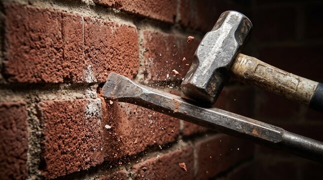 Commercial studio stock photo of a professional worker using a lump hammer and cold chisel with safety grip to break a brick wall.