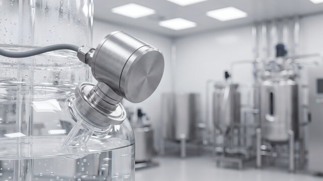 Sanitary Pressure Sensor Mounted on Borosilicate Bioprocess Reactor