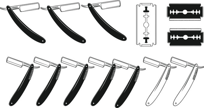 Large collection of vintage straight razors and double edge blades vector set featuring barber tools isolated on white background for hair salon design.