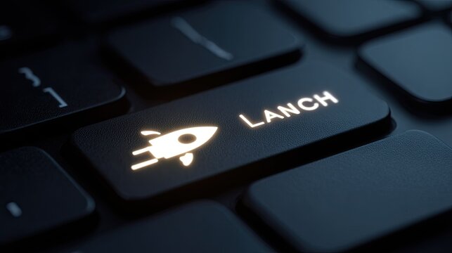 Keyboard key glows, rocket icon