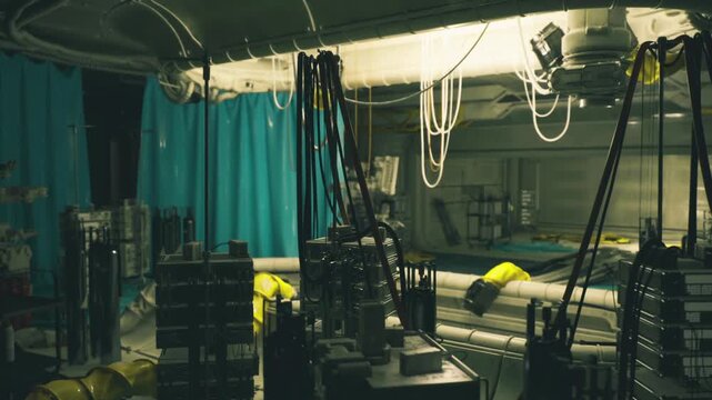 Aircraft medical bay midprep with stacked equipment towers, hanging rails and ceiling conduits, teal curtains and padded supports, conveys urgent readiness