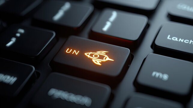 Illuminated rocket key on computer keyboard