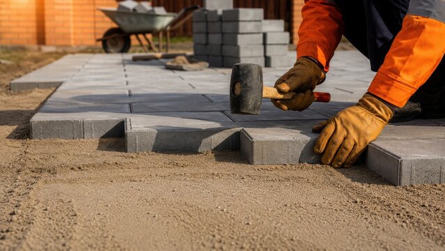 Construction worker wearing orange sleeves and gloves using a rubber mallet to install grey paving stones on a sand base for a walkway