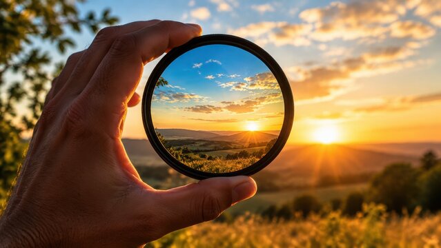 Hand holding a circular camera lens filter against a sunset landscape with rolling hills and a bright sun in the sky during the golden hour