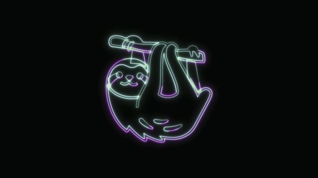  Sloth Icon Neon Seamless Loop 4K with Black Background Animated Promotional Typography for Video Editing