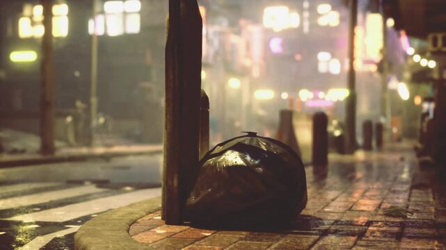 Rainslick curb under neon glow, black garbage bag pressed against lamppost, reflective cobblestone and brick pavement, distant blurred lights and soft bokeh,