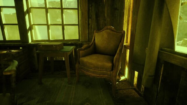 Sunlit vintage armchair beside window, warm dust motes drifting through amber light, wooden side table with stacked notebooks, textured upholstery and quiet