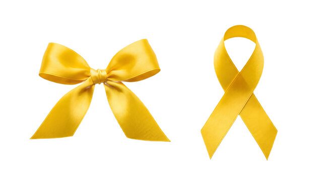 Yellow satin ribbons isolated on white, decorative bow and awareness loop symbol set.