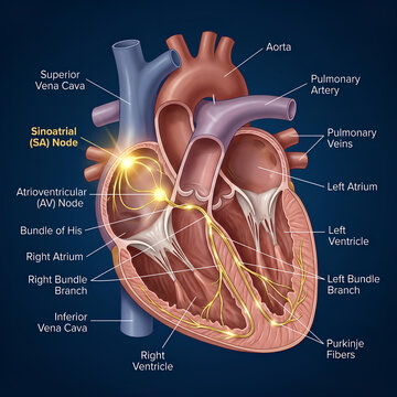Diagram illustrating human heart anatomy and conduction system.