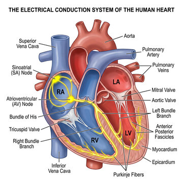 Diagram of the human heart conduction system with labels.