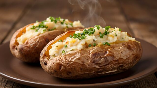 Two delicious baked sweet potatoes topped with fresh green onions