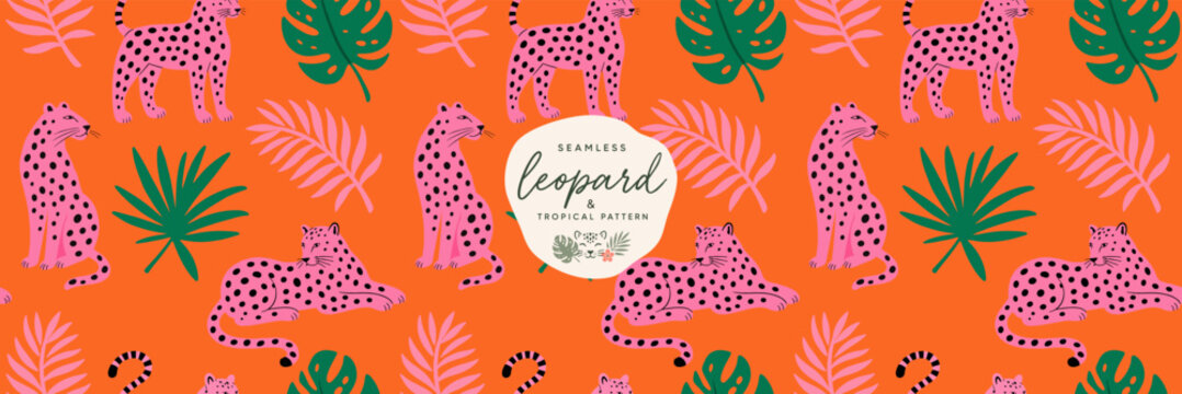 Seamless tropical pattern with a pink leopard. Vector modern trendy playful illustration of a panther, palm, leaf, monstera and spotted cat for background, poster, fabric, wrapping, textile, fashion a