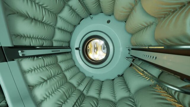 Space station habitat module with padded cylindrical walls and central circular hatch, soft insulation textures and restraint straps, intimate sleeping pod