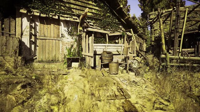 Weathered garden well with pots and broken planks, tall weeds, soft morning light, abandoned charm, earthy palette and tactile surfaces suggesting quiet