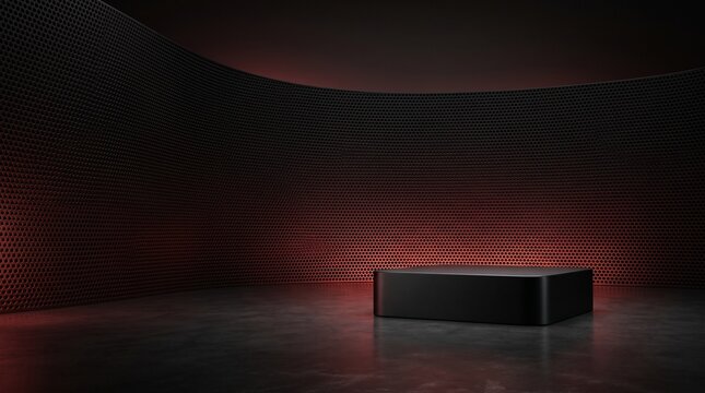 Modern Black Podium Stage with Red Backlight and Perforated Wall