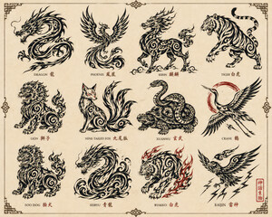 Obraz premium Asian Mythical Creatures Collection with Dragon, Phoenix, Tiger and Nine Tailed Fox