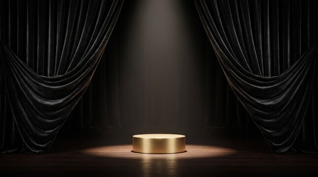 Golden podium on wooden floor with dark velvet curtains and spotlight