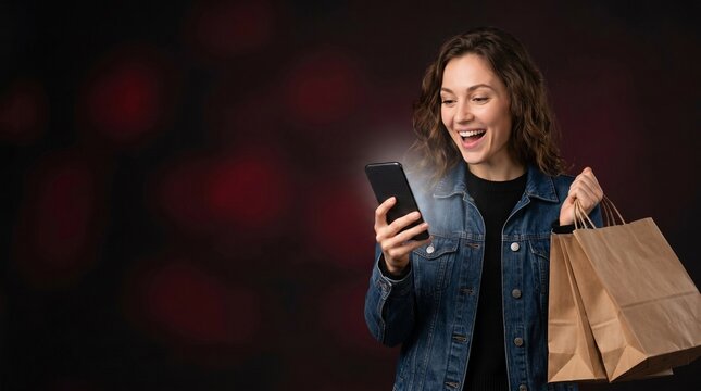 Excited woman holding shopping bags and looking at her smartphone